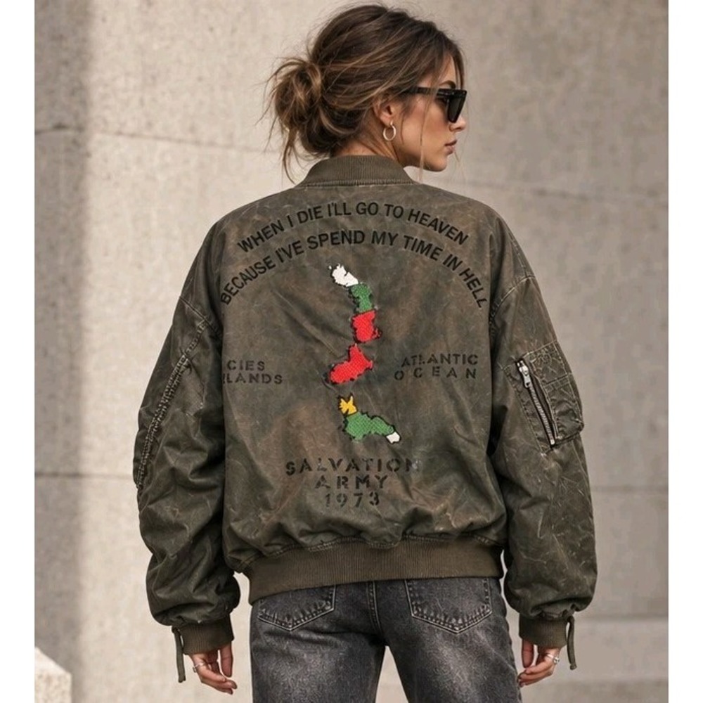 Zara Woman The Army Bomber Jacket L Distressed Military Grunge Embroidered